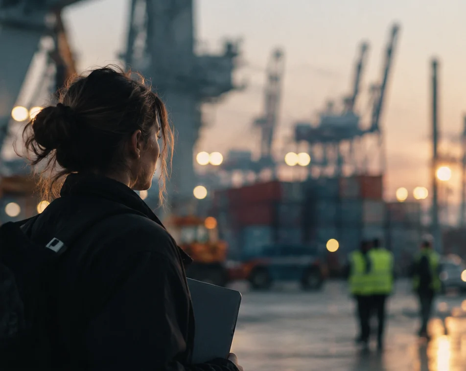 An operator looking across a container terminal