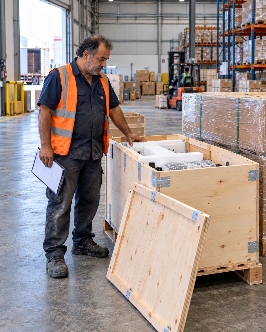 A warehouse worker checks an open timber crate beside cargo awaiting packing.