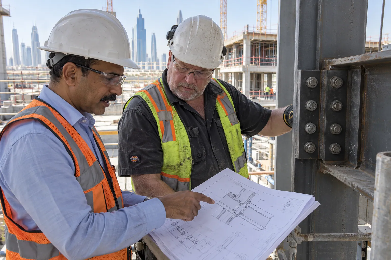 Two site colleagues check a drawing beside a steel beam connection.
