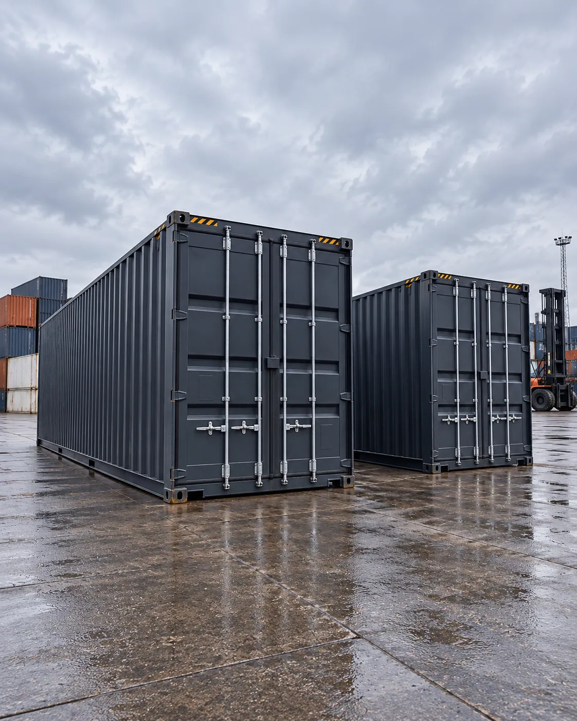 Two dark shipping containers stand separately in a working depot.