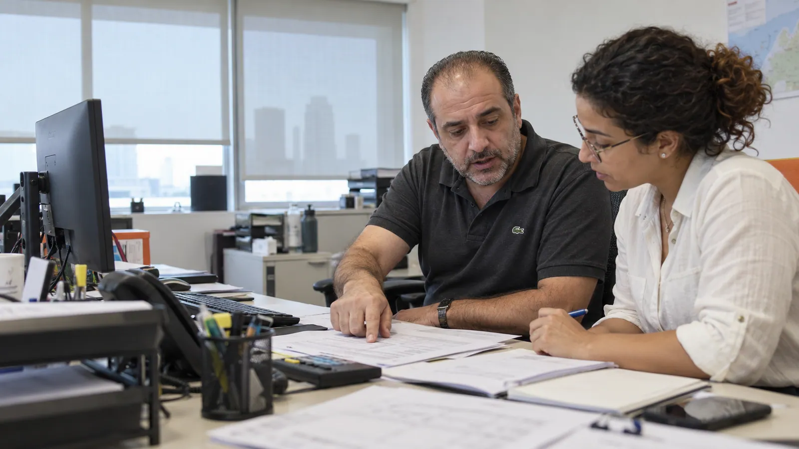 Two forwarding colleagues compare a booking record at an operations desk.