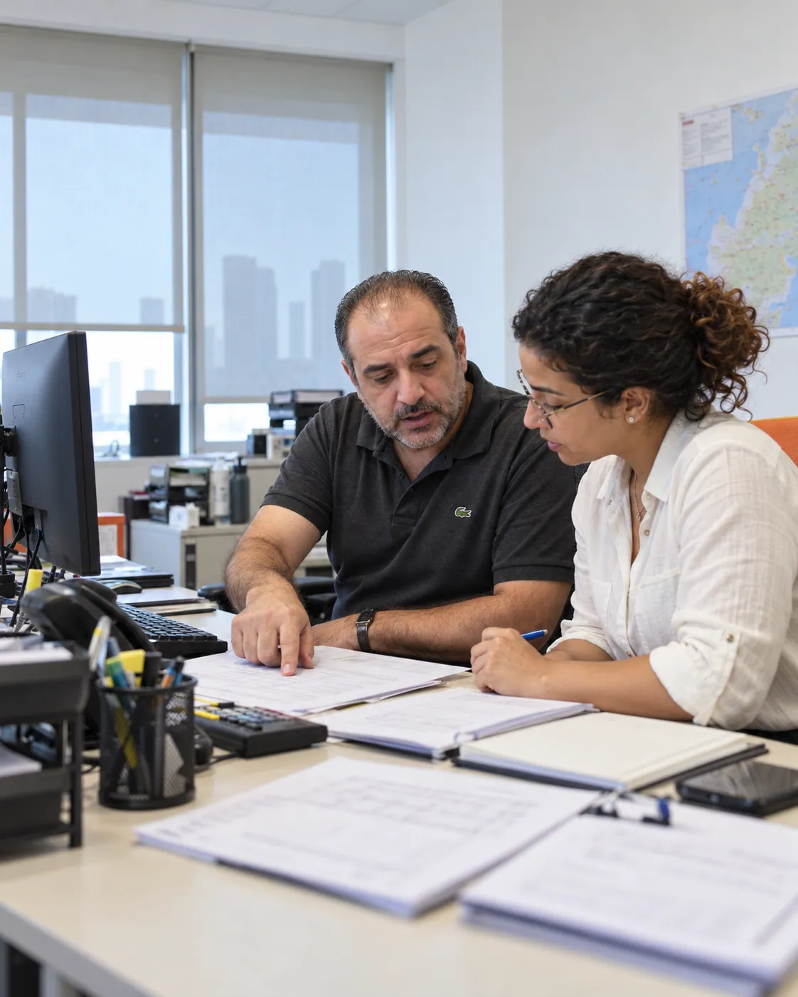 Two forwarding colleagues compare a booking record at an operations desk.