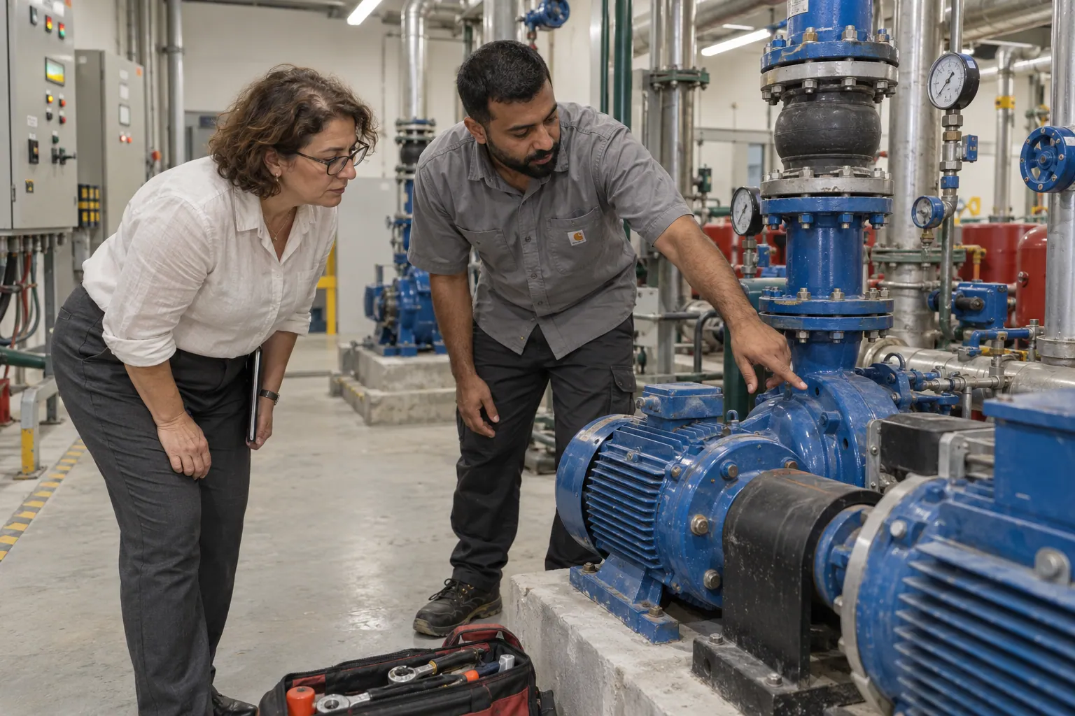 Two colleagues inspect a blue water pump in a building plant room.