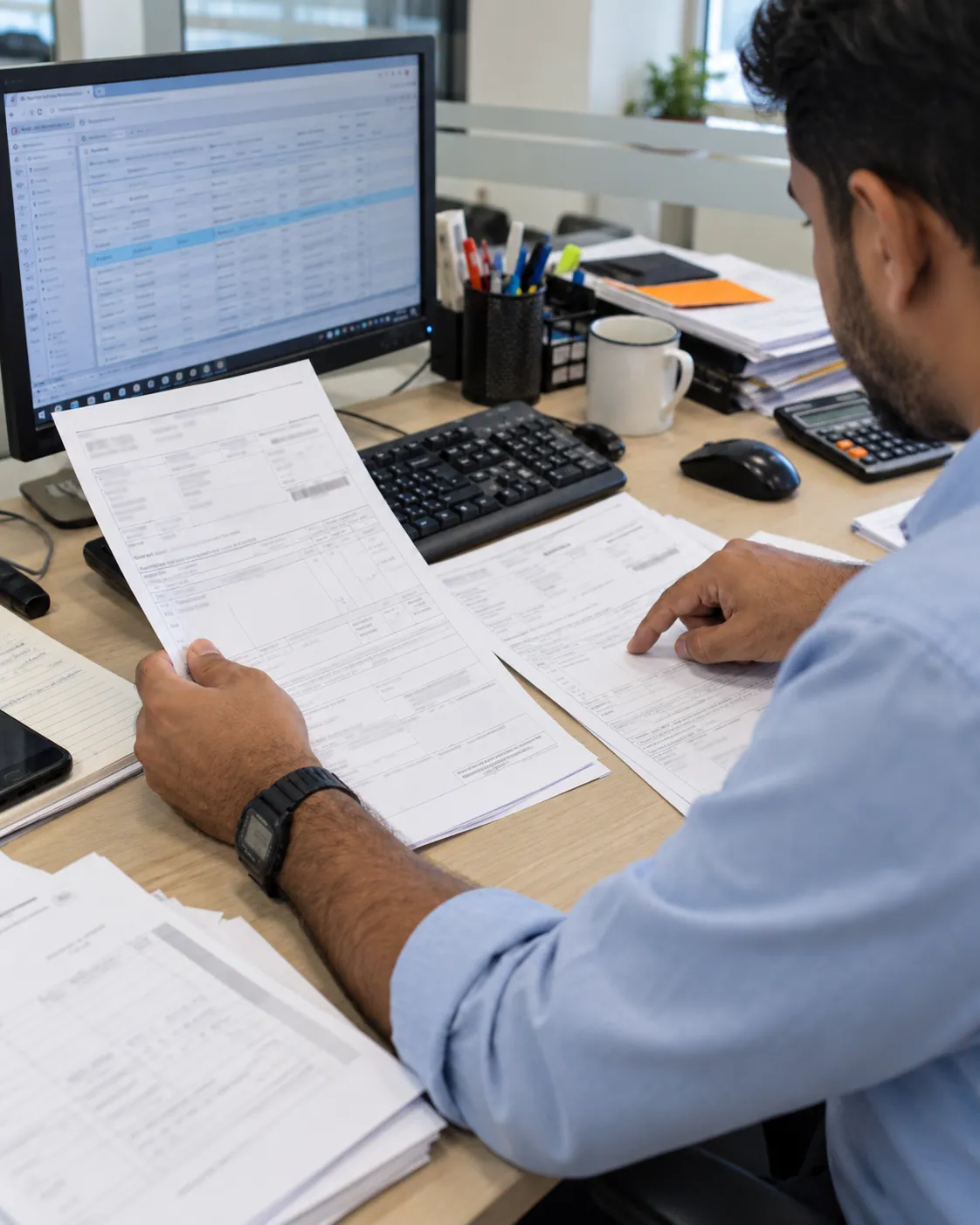 An operator compares printed shipping document revisions at a desk.